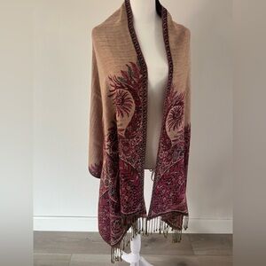 Pashmina 100%โ Pashmina Knit Reversible Pink Paisley Fringe Shawl
